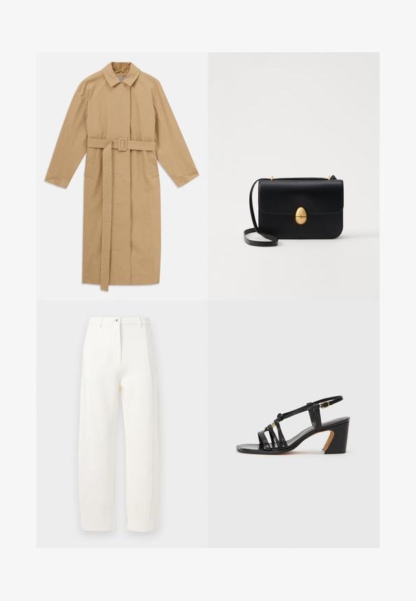 Beige hosszú trench kabát széles gallérral, hosszú ujjakkal, övvel csattal a deréknál és oldalsó zsebekkel, fehér háttérre fektetve.; Fekete, hosszú ujjú ing, amely gombos gallérral, átlátszó anyaggal, egyenes fazonnal és finom textúrával rendelkezik, elülső placket dizájnnal.; Fehér, egyenes szabású, elöl hajtott, cipzáras és gombos záródású nadrág, oldalsó zsebekkel. Simaságával és matt felületével kiemelkedő anyag.; Paul Smith AMIRA - Klasszikus sarkú cipők - black; Fekete bőr kézitáska, struktúrált, téglalap alakú formával. Arany ovális kapoccsal és vékony vállpánttal rendelkezik. Sima textúrájú.