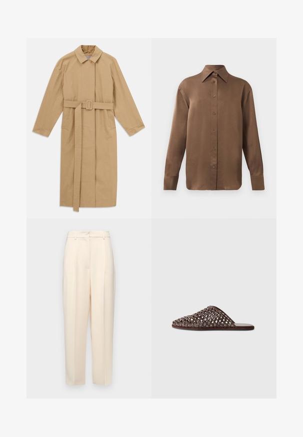 Palton lung bej, cu guler lat, mâneci lungi, curea cu cataramă la talie și buzunare laterale, întins pe un fundal alb.; Cămașă lungă cu mânecă, de culoare maro, cu guler și manșete ascuțite, prezentată pe un fundal alb simplu.; Pantaloni bej, ajustați, cu o croială dreaptă, dotati cu pliuri în față, o textură netedă și o talie medie. Fără buzunare vizibile.; Sandale tip slide împletite, de culoare maronie, cu vârf rotund, design deschis, talpă plată și suprafață texturată. Material ușor și siluetă minimalistă.