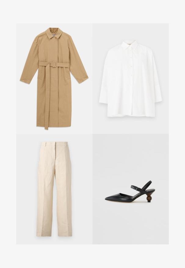 Beżowy długi płaszcz trencherowy z szerokim kołnierzem, długimi rękawami, paskiem z klamrą w talii oraz kieszeniami bocznymi, rozłożony na białym tle.; Biała koszula zapinana na guziki z klasycznym kołnierzykiem, długimi rękawami i luźnym krojem. Gładki bawełniany materiał bez widocznych wzorów czy akcentów.; Beżowe spodnie lniane o luźnym kroju, z plisowanym przodem i prostymi nogawkami. Posiadają pasek w talii z szlufkami i brak widocznych kieszeni.; Czarne skórzane buty typu slingback z wąskim noskiem, zakrzywioną sylwetką i okrągłym, drewnopodobnym obcasem. Posiadają wąski pasek wokół kostki.