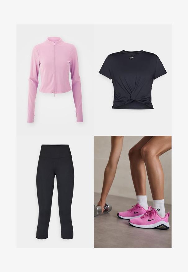 Lichtroze cropped jack met lange mouwen, hoge kraag en een voorrits. Gemaakt van een soepele, rekbare stof. Eenvoudig ontwerp zonder patronen.; Zwarte sportieve T-shirt van gladde stof, met een geknoopt ontwerp aan de voorkant en een klein wit Nike-logo op de borst.; Zwarte cropped leggings van rekbaar materiaal, met een hoge tailleband en een gladde textuur, zonder zichtbare patronen of hardware.; Roze Nike sport schoenen met een bovenwerk van mesh, zwarte accenten en een witte zool, gedragen met witte sokken, naast een zilveren dumbbell.