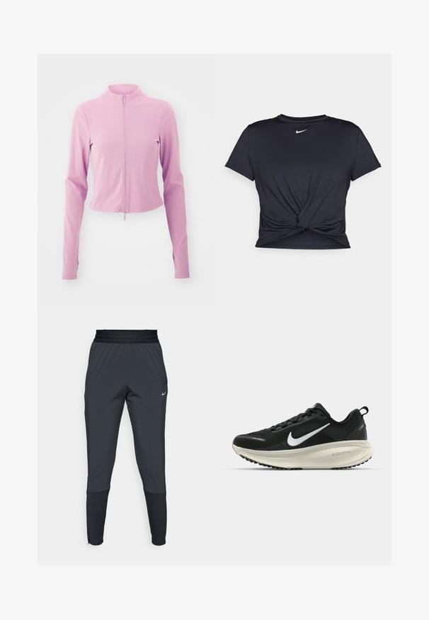 Light pink cropped jacket with long sleeves, high collar, and front zipper. Made from a smooth, stretchy fabric. Simple design with no patterns.; Black athletic t-shirt made of smooth fabric, featuring a knotted front design and a small white Nike logo on the chest.; Nike athletic pants in dark gray, featuring a tapered leg design, elastic waistband, and accent details near the cuffs.; Black Nike running shoe with breathable mesh upper, white swoosh logo, textured detailing, and a cream-colored ZoomX midsole.
