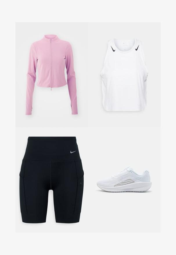 Lys rosa cropped jakke med lange ermer, høy krage og frontglidelås. Laget av et glatt, elastisk stoff. Enkel design uten mønstre.; Hvit ermeløs tanktop laget av lett materiale, med svarte Nike-logo aksenter på skuldrene, rund hals og avslappet passform.; Svart høyverdig trening shorts laget av elastisk materiale; har sidelommer og en liten Nike-logo på midjen.; Hvit sportssko med mesh-overdel, rund tå og teksturert såle. Har en sølvfarget Nike swoosh og et minimalistisk design.