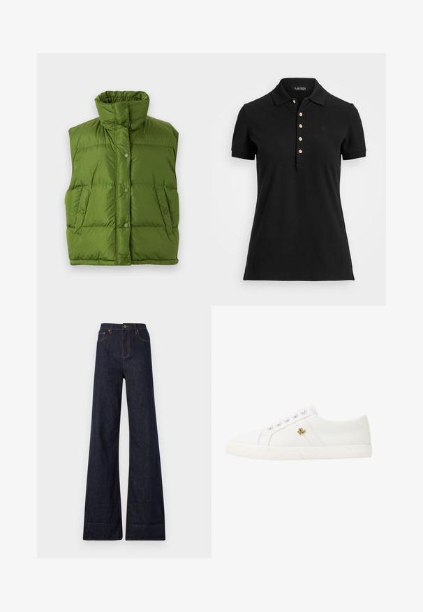 WEEKEND MaxMara BAIARDO - Daunenjacke - verde; Schwarzes Poloshirt aus glattem Baumwollstoff, mit einem Kragen, kurzen Ärmeln und goldenen Knöpfen entlang der Knopfleiste. Kleines Logodetail auf der Brust.; Ksubi STRIDER CUFF ORIGINAL - Wide Leg - blue denim; Lauren Ralph Lauren JANSON II CANVAS SNEAKER - Sneaker low - optic white