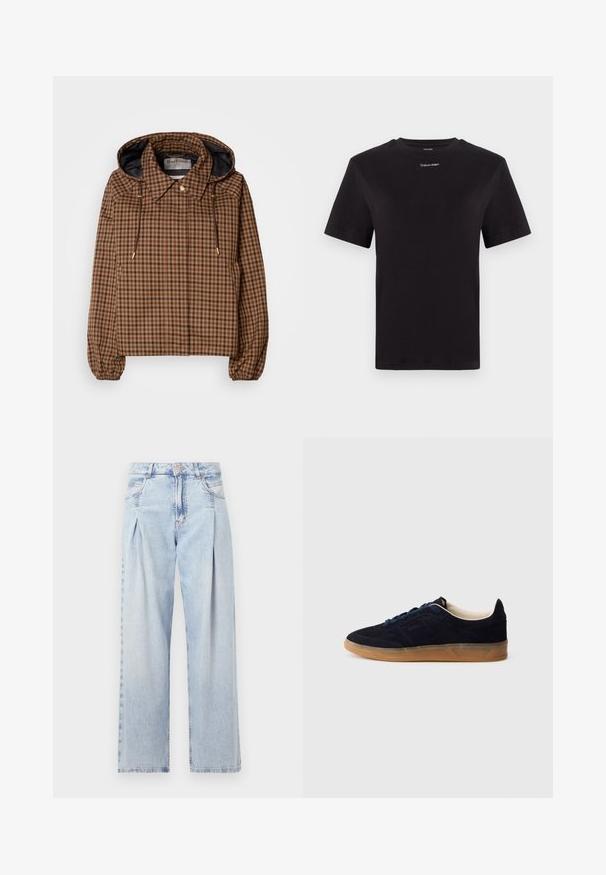 Brown checkered lightweight jacket with a hood, elastic cuffs, and drawstring detail, featuring a solid dark inner lining.; Black cotton t-shirt with short sleeves, crew neck, and small white "Calvin Klein" logo at the chest. Smooth texture, classic fit.; Light blue denim jeans with a high waist, wide-leg cut, two side pockets, and pleated design feature. Soft texture with a faded finish.; Navy suede sneaker with a gum rubber sole, blue laces, and minimalist design. Features embossed logo on the side and smooth inner lining.