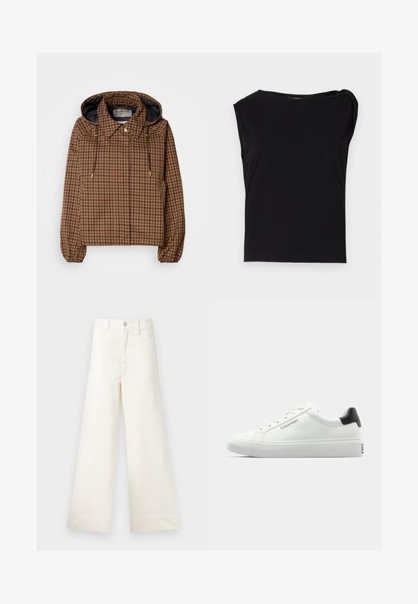 Barna kockás, könnyű dzseki kapucnival, elasztikus mandzsettákkal és húzózsinórral, egyszínű sötét belső béléssel.; Fekete, rövid ujjú felső, sima anyagból készült. Kerek nyakkivágással és redőzött részletekkel a vállon. Egyszerű, szoros fazon.; Világos bézs pamut széles lábú nadrág. Magas derék, elülső zsebek és egyenes vonalú fazon jellemzi. Tiszta, mintázat nélküli hem befejezés.; Fehér sneaker sima felülettel, fekete sarok akcentussal és fűzős dizájnnal. Oldalán "Calvin Klein" márkázás található. Minimalista stílus.