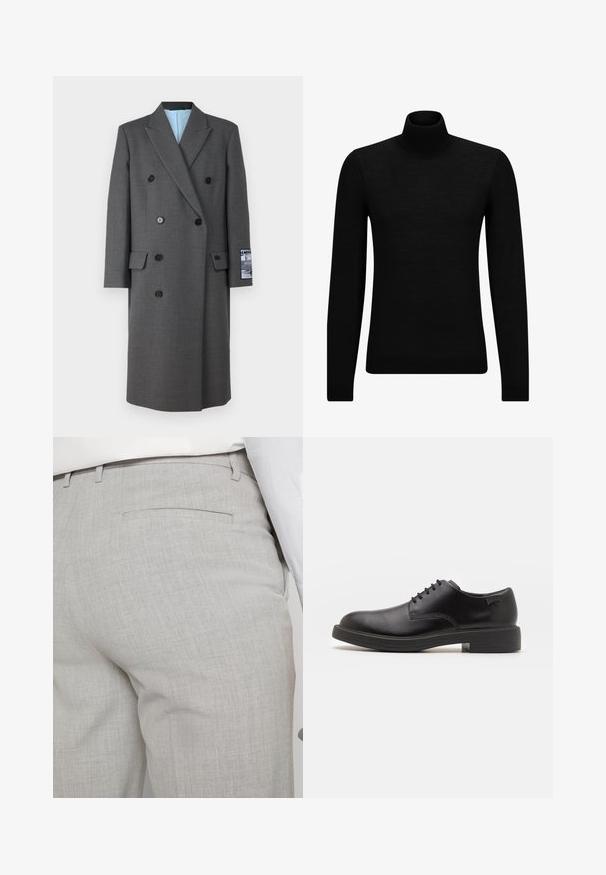 Halli kahekordne mantel, mis on valmistatud tekstuuriga kangast, mustade nööpide, sisselõigetega krae ja sinise voodriga, millel on varrukal embleem.; Musthave muströid ja pehmest materjalist must turtleneck, millel on pikad varrukad ja tihe istuvus. Ribaga ääris allservas ja vöökohal. Lihtne disain.; Heledat hallid kohandatud püksid tekstuurse kangaga, millel on üks tagatasku ja puhas õmblus.; Must beemel levalis kingad ümarate varvastega, sileda pinnaga, minimaalsete õmblustega ja madala kummist kontsaga. Logo kontsa peal.