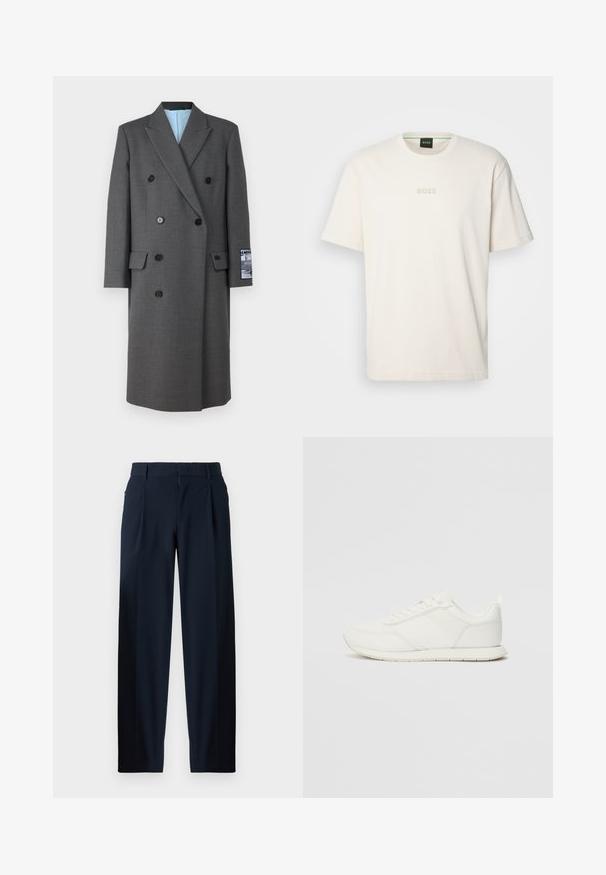 Šedý dvojradový kabát vyrobený z textúrovanej látky, so š blackými gombíkmi, klopami a modrou podšívkou s nášivkou na rukáve.; BOSS TEE - Základné tričko - open white; Námornícke modré nohavice s hladkou textúrou, širokým strihom, prednými záhybmi, pútkami na opasok a zipsovým zapínaním. Vhodné na formálne aj neformálne nosenie.; Biele tenisky s sieťovaným a syntetickým zvrškom, okrúly špička, ploché šnúrky a štruktúrovaný pruh na boku. Gumová podrážka s pútkom na zadnej strane.