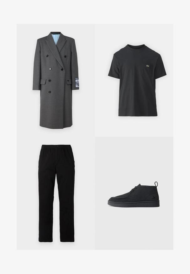 Pelēks dubultkrūšu mētelis, izgatavots no teksturētas auduma, ar melnu pogu, izgrieztiem атvērumiem un zilu iekšējo odere, kurā ir uzlīme uz piedurknes.; Melnas kokvilnas T-krekls ar īsām piedurknēm, apaļu kakla izgriezumu un mazu zaļu logotipu kreisajā krūšu kabatē. Vienkāršs dizains, regulāra piegriezuma.; Melnas bikses no kokvilnas maisījuma auduma, ar taisnu griezumu, elastīgu jostasvietu ar pogu un bez redzamām rakstu vai akcentiem.; Melna zamša kurpīte ar auklēm līdz potītei, ar ievelkamu cilpu un struktūru zoli, kurai sānos ir neliels, reljefs krokodila logo.