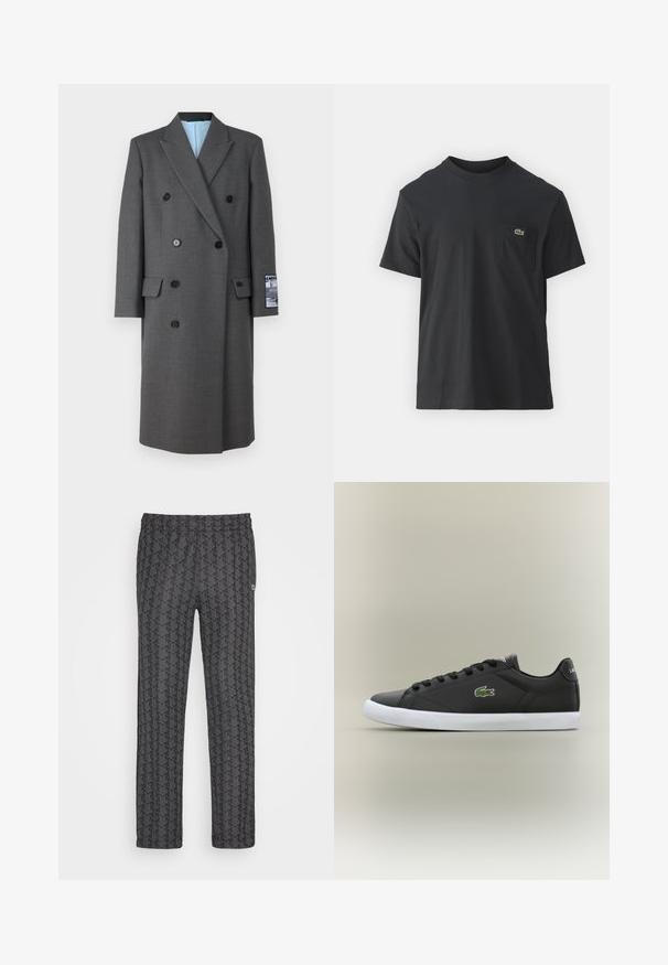 Cappotto grigio doppiopetto realizzato in tessuto testurizzato, con bottoni neri, rever a indirizzo e una fodera interna blu con una toppa sulla manica.; T-shirt in cotone nero con maniche corte, scollatura rotonda e un piccolo logo verde sul taschino sinistro. Design semplice, vestibilità regolare.; Pantaloni neri a motivi geometrici con texture, vita elastica e taglio dritto. Nessuna tasca visibile.; Sneaker nere in pelle con suola in gomma bianca, dotate di logo verde a forma di coccodrillo e lacci rotondi, design elegante con texture liscia.