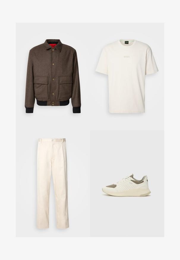 Hnedý herringbonový kabát s gombíkovým zapínaním, dvoma prednými vreckami a rebrovanými manžetami. Podšitý červenou látkou pre dodatočný detail.; BOSS TEE - Základné tričko - open white; Béžové bavlnené nohavice so strihom rovného nohu, s gombíkovým zapínaním a záhybmi vpredu pre pridanie detailu.; Biele a svetlo béžové športové tenisky s hornou časťou z mriežkového materiálu, perforovanými detailmi a textúrovanou medzipodrážkou s logom na päte.