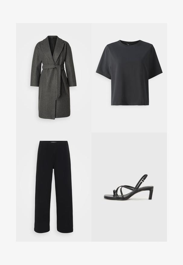 Vero Moda Petite VMFORTUNE - Palton clasic - dark grey melange; Tricou negru din bumbac, mâneci scurte, guler rotund, croială lejeră, textură netedă, design simplu, fără modele sau accente.; Pantaloni negri cu picior larg, având un baret elastic. Confecționați dintr-un material texturat, cu un croi lejer și linie dreaptă de la șolduri până la tiv.; Sandal cu barete negre, cu vârf pătrat și toc mic de bloc. Prezintă mai multe barete subțiri și o bareta ajustabilă la gleznă. Fabricat din piele netedă.
