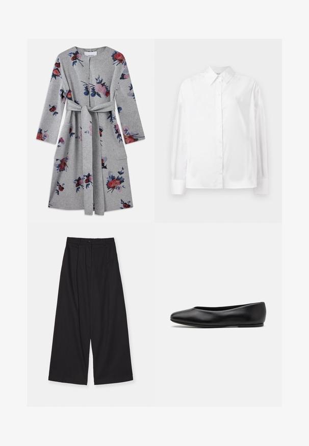 Cappotto lungo grigio a maniche lunghe con cintura, decorato con motivi floreali rosa, rossi e blu e tasche a toppa su ciascun lato.; Camicia bianca a maniche lunghe con bottone in un morbido mix di cotone. Presenta un colletto classico, chiusura frontale con bottoni e polsini arrotondati.; Pantaloni neri a gamba larga realizzati in un tessuto liscio, con vita alta, pieghe frontali, chiusura con bottone e silhouette dritta.; Paul Smith TOPANGA - Ballerine - black