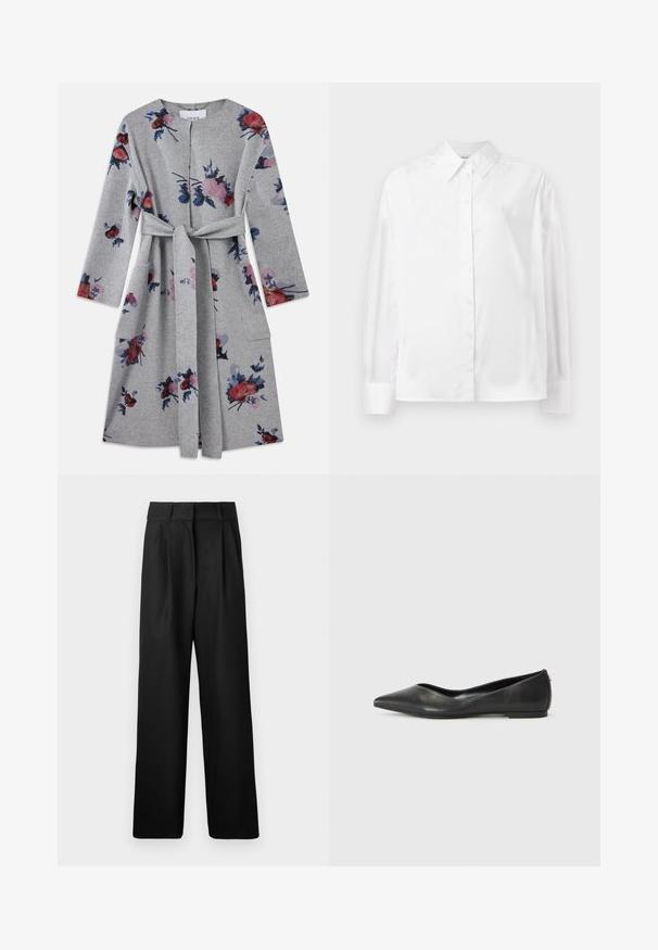 Palton gri cu mânecă lungă, cu curea, adornat cu modele florale roz, roșii și albastre, având buzunare tipsie pe fiecare parte.; Cămașă albă cu mânecă lungă, cu nasturi, confecționată dintr-un amestec de bumbac fin. Include o guler clasic, închidere frontală cu nasturi și manșete rotunjite.; Pantaloni negri cu picioare largi, cu o textură fină, având pliere frontale și un design cu talie înaltă. Realizați dintr-un material ușor.; Balerini din piele neagră, cu vârf ascuțit, toc mic și textură netedă. Design minim cu un accent subtil pe lateral.