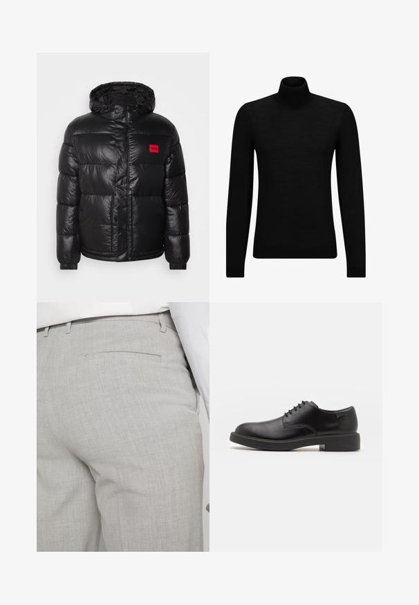 HUGO BARO - Talvitakki - black; Mustahuivi neule, joka on valmistettu pehmeästä materiaalista, jossa on pitkät hihat ja tiukka istuvuus. Ribbaus reunassa ja hihansuissa. Yksinkertainen muotoilu.; Vaaleanharmaat räätälöidyt housut tekstuuripintaisesta kankaasta, joissa on yksi takatasku ja siistit saumat.; Mustat nahkasaappaat, joissa on pyöreä kärki, sileä pinta, minimaalinen ommel ja matala kumipohja. Logo kannassa.