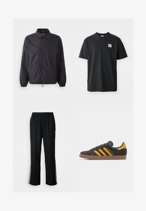 Musta kevytrakenteinen takki, jossa on napitettava etuosa, elastiset hihansuut, kiristettävä helma ja brodeerattu logo rinnassa. Sileä, hieman kiiltävä kangas.; Mustat puuvillapaidat, joissa on pyöreä kaula-aukko, lyhyet hihat ja pieni värillinen etiketti vasemmassa rinnassa, jossa on sanat "SUPERIOR."; Mustat urheiluhousut, joissa on joustava vyötärö, valkoiset sivuraidat ja pieni logo. Materiaali näyttää pehmeältä ja kevyeltä.; Mustat samettiset tennarit, joissa on keltaisia yksityiskohtia, kolmonen raita ja ruskea kumipohja. Sisältää pehmustetun kielisen mukavuutta varten.