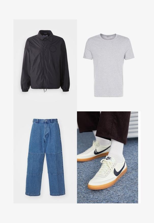 Black lightweight jacket with a button-up front, elastic cuffs, drawstring hem, and embroidered logo at chest. Smooth, slightly shiny fabric.; Gray cotton t-shirt with a crew neck, short sleeves, and a plain design, featuring a soft, smooth texture and no visible patterns or embellishments.; Light blue denim pants with a relaxed fit, featuring two distinct fabric panels, a front button closure, and wide legs.; Nike sneakers in white leather with a navy swoosh, featuring a gum rubber sole and white laces, paired with white crew socks and dark corduroy pants.