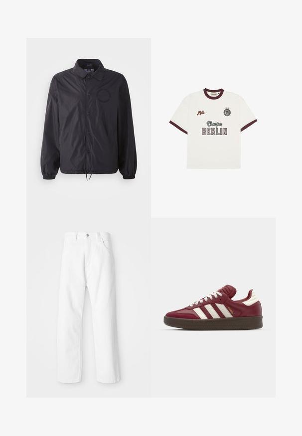 Black lightweight jacket with a button-up front, elastic cuffs, drawstring hem, and embroidered logo at chest. Smooth, slightly shiny fabric.; White short-sleeve T-shirt with burgundy trim, "Escape BERLIN" text front center, "Mitte" on left chest, and circular emblem with two stars on right chest.; White denim pants with a straight leg design, featuring a front button and zipper closure, five pockets, and a clean, textured finish.; adidas Originals SAMBA XLG UNISEX - Trainers - noble maroon/core white