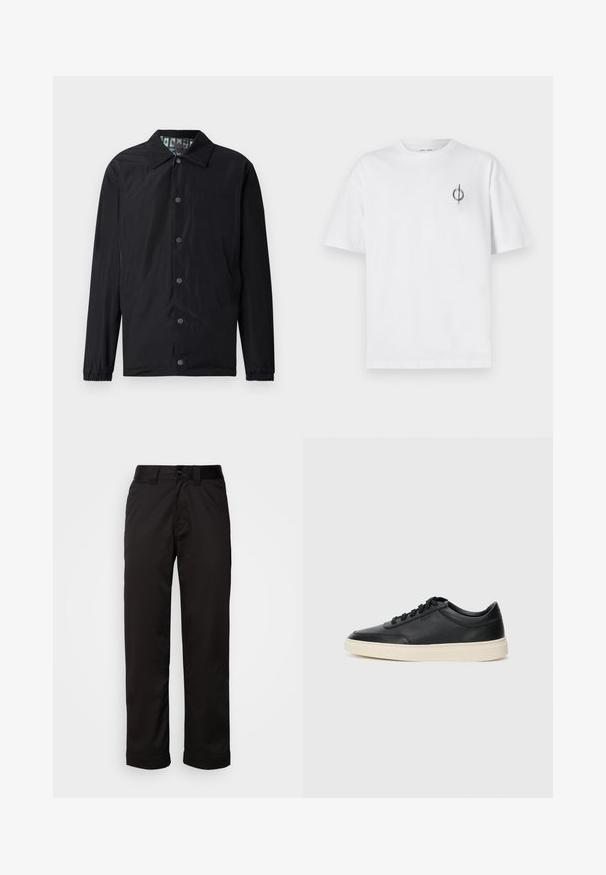 Black lightweight jacket with a collar, front snap buttons, elastic cuffs, and a patterned interior lining. Features embossed logo on front.; White cotton t-shirt with a relaxed fit, featuring a small black graphic logo on the left chest area. Short sleeves, crew neck style.; Black trousers made of smooth fabric, featuring a zip fly, button closure, and rolled cuffs for a casual design.; Black low-top leather sneaker with black laces and off-white sole shown in side profile on white background.