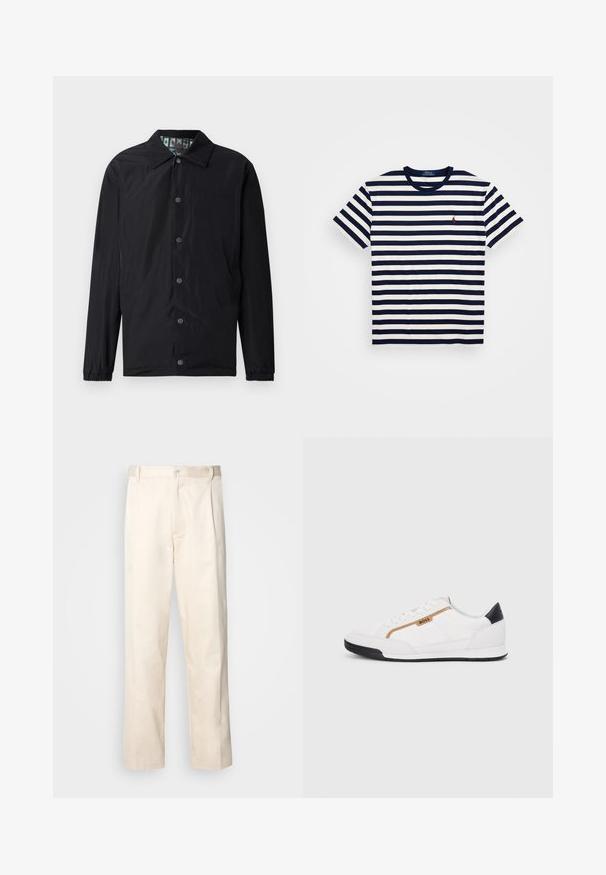 Svart lett jakke med krage, knapper foran, elastiske mansjetter og mønstret innvendig fôr. Har preget logo foran.; Navy og hvitstripet kortermet T-skjorte laget av bomull, med rund hals og en liten rød brodert logo på brystet.; Beige bomullsbukser med rett benfatt, med knappelukking og folder foran for ekstra detaljer.; Hvite sporty sko med mesh- og lærdetaljer. Har en gull "BOSS"-logo, teksturerte sidepaneler og en svart hælbru. Gummisåle.