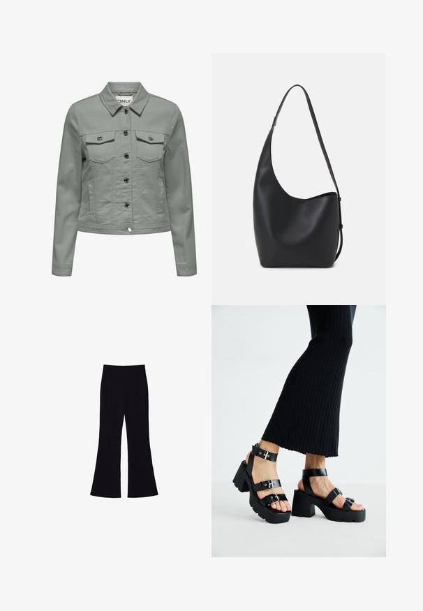 Svetlo zelena jeans jakna s klasičnim ovratnikom, sprednjim gumbom, dvema prsnoma ter srebrnimi dodatki.; Črna majica s kratkimi rokavi, izdelana iz mehkega bombaža, okroglega ovratnika in sproščenega kroja. Brez vidnih vzorcev ali poudarkov.; Črne razširjene hlače z visokim pasom, brez vidnih žepov ali gumbov, prikazane na beli podlagi.; Črne platforme s sandali in debelimi, zarezami ter več naramnicami, ki vključujejo kovinske zaponke in gladko teksturo, podobno usnju.; Črna usnjena hobo torba z gladko teksturo, ukrivljeno obliko in eno nastavljivo naramnico; ima širok odprtina na vrhu.