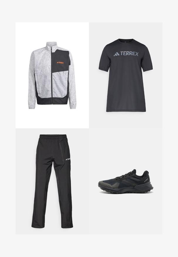 Leichter Windbreaker in Weiß mit grauen Streifen und einem schwarzen Akzentpanel. Mit hohem Kragen und Frontreißverschluss. Logo in Orange.; Schwarzes T-Shirt mit kurzen Ärmeln aus leichtem Stoff, mit einem hellgrauen "TERREX"-Logo auf der Brust und einem Rundhalsausschnitt.; Schwarze, leichte Outdoor-Hose mit elastischem Bund, Reißverschlusstaschen und gedrucktem Logo. Glatte Textur und gerade Beinführung.; Schwarze Sportschuhe mit einem strukturierten Mesh-Obermaterial, Gummisohle und auffälligen grauen Akzenten an der Zehe und den Seitenwänden. Verstärktes Fersendesign.