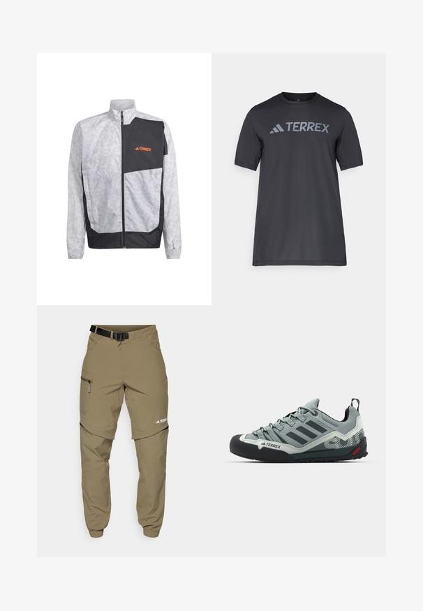 Cortavientos ligero en blanco con rayas grises y un panel de acento negro. Tiene un cuello alto y cierre delantero. Logo en naranja.; Camiseta negra de manga corta hecha de un tejido ligero, con un logotipo en gris claro "TERREX" en el pecho y cuello redondo.; Pantalones de campo color caqui con un cinturón negro ajustable, bolsillos con cremallera, puños ajustados y piernas inferiores desmontables para un estilo versátil.; Zapatos de escalada grises con un upper texturizado, punta de goma negra, tres rayas oscuras y un pequeño acento rojo en la suela.