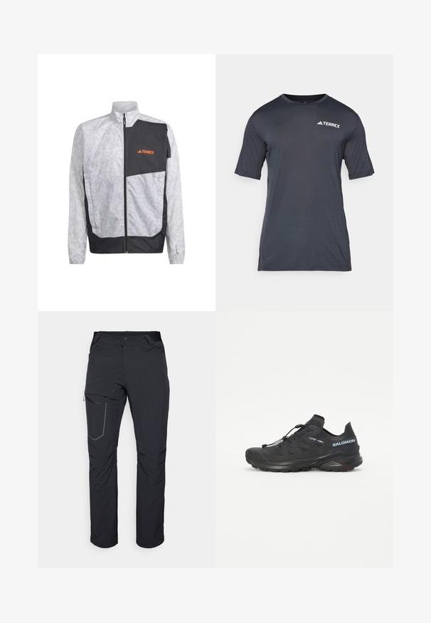 Lightweight windbreaker in white with gray stripes and a black accent panel. Features a high collar and front zipper. Logo in orange.; Dark gray short-sleeve t-shirt made from lightweight, breathable material. Features a round neck and a white "TERREX" logo on the front.; Black outdoor pants featuring a zippered thigh pocket, elastic waistband, and smooth, water-resistant fabric. Clean design with no visible logos.; Black trail running shoe with a textured upper, elastic laces, and Contagrip outsole. Features a snug fit and protective toe cap.