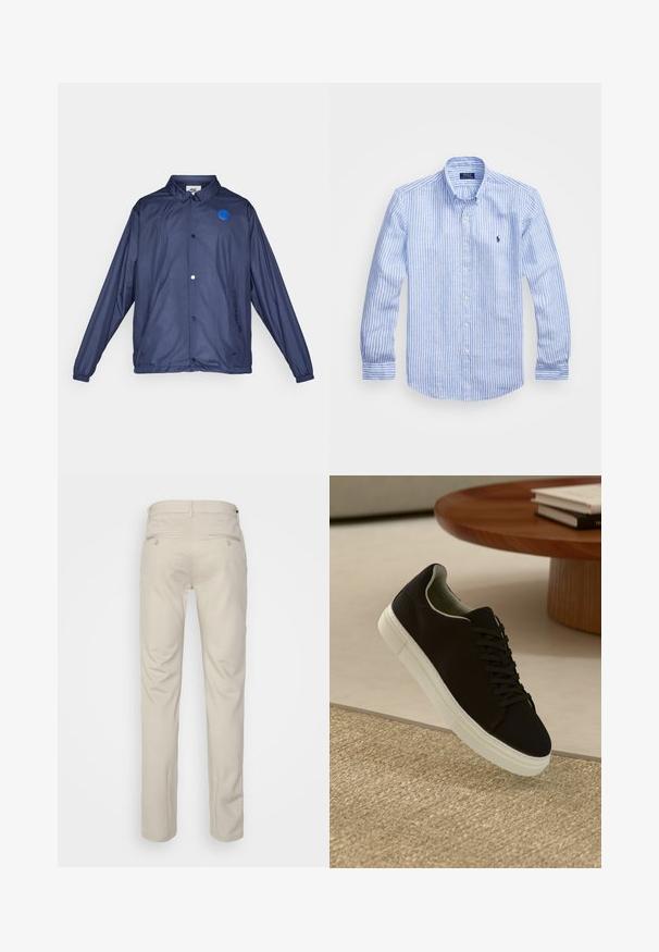 Marineblauwe windbreakerjas gemaakt van een lichtgewicht materiaal. Voorzien van een knoopsluiting, met een blauw logo patch en elastische manchetten.; Blauw-wit gestreept overhemd met lange mouwen van katoen, met een button-down kraag, knopen aan de voorkant en een klein geborduurd logo op de borst.; Beige broek met een gladde textuur, rechte snit, twee achterzakken met knopen en een standaard tailleband.; Zwarte sneaker met witte zool die boven een beige gestructureerd tapijt zweeft, nabij een ronde houten tafel met gestapelde boeken.