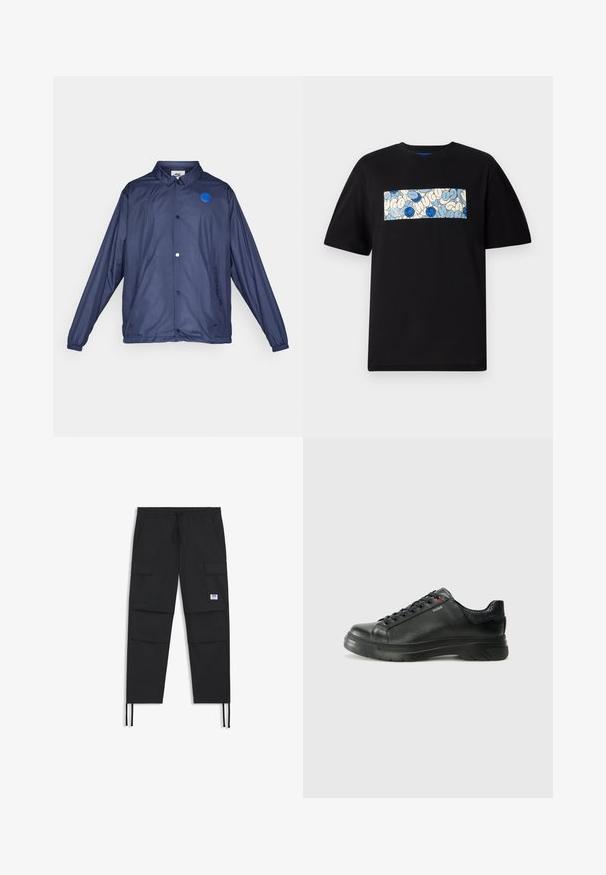 Marinblå vindjacka tillverkad av ett lätt material. Har knäppning fram, med en blå logotyp-patch och elastiska ärmslut.; Svart bomullströja med en rektangulär grafik i blått och cream med cirkulära mönster och klotter, designad för en avslappnad passform.; Svarta cargo-byxor med dragsko i midjan, flera fickor, elastiska mudd och en subtil logopatch. Tillverkade av lättviktsmaterial.; Svart lädersneaker med texturerad ovandel, vadderat krage och röd logotypdetalj. Utrustad med en tjock gummisula med distinkt mönster.