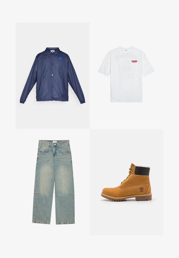 Marineblaue Windjacke aus leichtem Material. Sie verfügt über eine Knopfleiste, ein blaues Logopatch und elastische Bündchen.; Weißes Baumwoll-T-Shirt mit kurzen Ärmeln, Rundhalsausschnitt und einem roten grafischen Text "LECKERER ERFRISCHENDER FRUCHT" auf der Vorderseite.; Helle blaue weite Jeans aus Denim, ausgestattet mit zwei Vordertaschen, einem Knopfverschluss und einer ausgewaschenen Optik mit sichtbaren Nähten.; Braune Leder-Ankle-Boots mit Metallösen, weißem Kunstfellfutter, schwarzem gepolstertem Kragen, robustem Sohlenprofil und geprägtem Logo an der Seite.