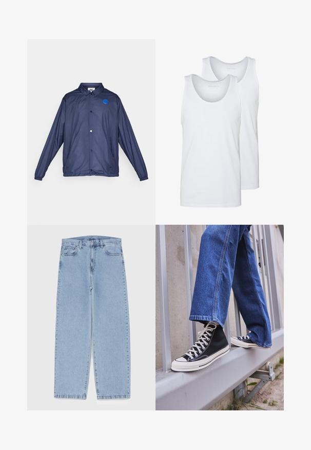 Námornícky modrý vetrovka vyrobená z ľahkého materiálu. Má zapínanie na gombíky, modrý logo nášivku a elastické manžety.; Biele bavlnené tielka s okrúhlym výstrihom, s hladkým povrchom. Zobrazené sú dva kusy, označené "PIER ONE."; Svetlomodré denimové džínsy s rovnými nohavicami, s polovysokým pásom, piatimi vreckami a zapínaním na gombík a zips.; Čierne vysoké tenisky s bielou podrážkou a šnúrkami, kombinované so voľnými modrými riflami, položené na sivej zábradlí.