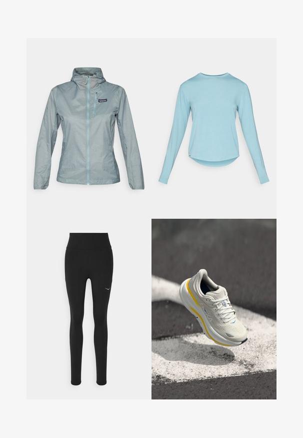 Patagonia HOUDINI - Corta-vento - thermal blue; Camiseta de manga longa azul clara com decote redondo e bainha ligeiramente arredondada, exibida de forma plana contra um fundo branco.; Leggings pretos com cintura alta, feitos de material elástico. Apresentam um pequeno logótipo branco do lado esquerdo e detalhes nas costuras laterais.; Sapata de corrida cinza-claro com detalhes amarelos; parte superior em malha, sola acolchoada e detalhes discretos em azul. Logotipo de marca distintivo na lateral.