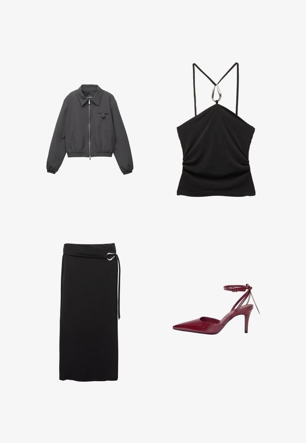 Jachetă zip-up de culoare gri închis, cu guler lat, manșete și tiv elastic, două buzunare laterale și un mic buzunar cu clapetă pe piept.; Top negru fără mâneci, cu decolteu în V și bretele subțiri, având un accent argintiu în formă de picătură la decolteu și o textură plisată în față.; Fustă midi neagră, dintr-un material neted. Prezintă un design minimalist, un curea cu inel metalic și o talie înaltă.; Pantof burgundy din piele, cu toc înalt, vârful ascuțit, laterale deschise și bareta la gleznă. Prezintă un design elegant și o textura netedă.