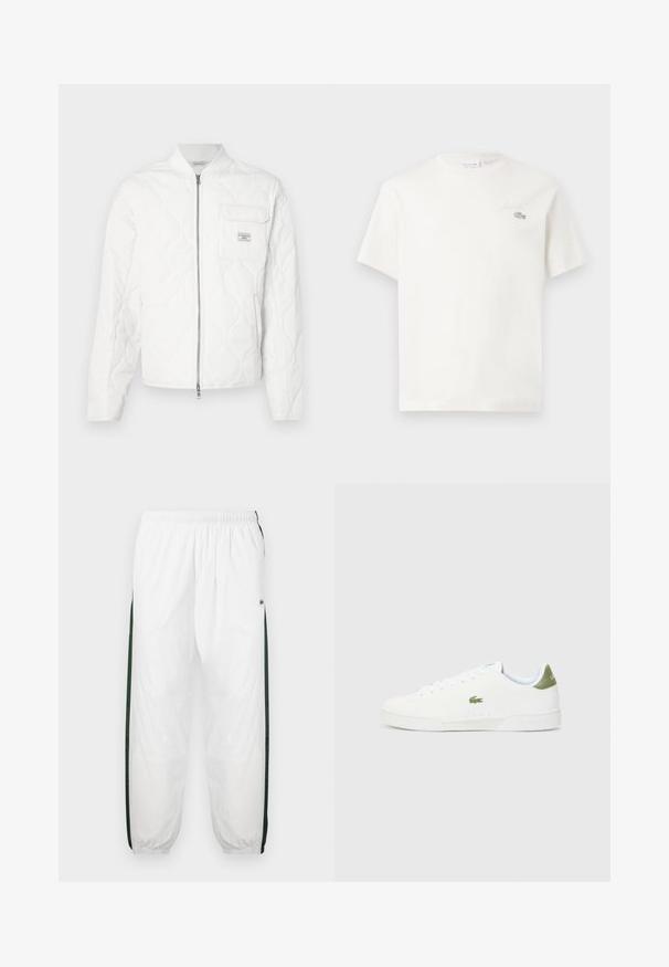 Hvid quiltet jakke med lynlås foran, ribstrikket krave og enkelt brystlommer med logo-mærkat. Glat tekstur og minimalistisk design.; Hvid bomulds T-shirt med korte ærmer, prydet med et diskret broderet logo og minimalistisk design. Blød tekstur, rund halsudskæring.; Hvide træningsbukser med mørkegrønne sidelæg. Letvægtsmateriale, elastisk talje og manchetter ved benene. Har mesh-struktur på sidelæggene.; Hvide sneakers med en glat overflade, der har en grøn detalje ved hælen og et lille broderet krokodillelogo på siden.