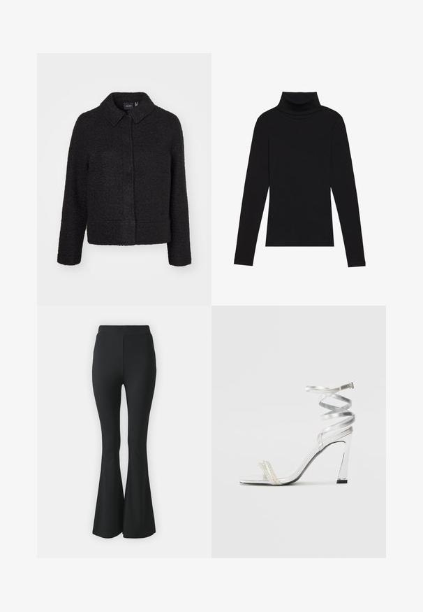 Svart ullblandingsjakke med teksturert finish, krage, frontlukking og sidelommer. Har en boxy silhuett og lange ermer.; Svart høyhalset langermet topp, laget av ribbestrikket stoff, har en tettsittende design med høy hals og uten mønstre eller dekorasjoner.; Svarte vide bukser laget av elastisk stoff. Har høy midje og en glatt, tettsittende design som vidder ut fra kneet og nedover.; Sølv høyhælte sandaler med et glitrende stroppdesign, som har en perle-lignende akcent og en spiralformet ankelstropp for sikker passform.