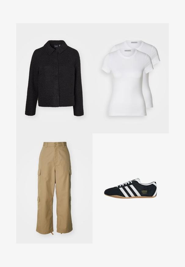 Svart ullblandingsjakke med teksturert finish, krage, frontlukking og sidelommer. Har en boxy silhuett og lange ermer.; To hvite bomulls t-skjorter med korte ermer, rund hals og en tettsittende silhuett, som viser en jevn tekstur og minimalistisk design.; Beige cargo bukser med høj talje, brede ben og fire store sidelommer. Fremstillet af slidstærkt stof med en glat tekstur og minimal detalje.; Svart semsket sneaker med hvite tre striper, gulllogo og brun gummisåle. Har en lavprofil snøring.