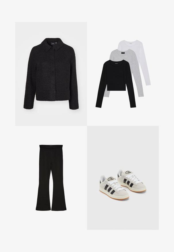 Must mustriltud musta villasegu jope, millel on tekstuurne viimistlus, krae, eesmine sulg ja küljetaskud. Omab kastjat siluetti ja pikki varrukaid.; Kolm pikkade varrukatega toppi, mis on üksteise peale asetatud: must, hall ja valge. Igal ühel on ümar kaelus ja lühike disain, valmistatud siledast, kergekaalulisest kangast.; Mustad mustad sääred, mis on valmistatud venivast kangast. Omab laia vööd ja siledat tekstuuri, sobituv siluett, mis laieneb allservas.; Hallid hallid nahkrennid valgete paeltega, mustade triipudega ja valge kummitaldiga. Omab ümmargust logo keeles ja kummitalda.