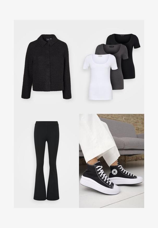 Juoda vilnos mišinio striukė su tekstūruotu paviršiumi, apykakle, priekiu užsegama ir šoniniais kišenėmis. Turi kvadratinius siluetus ir ilgomis rankovėmis.; Trys priderinti marškiniai: balti, pilki ir juodi. Kiekvienas turi plačią apvalią iškirptę ir trumpas rankoves. Pagaminti iš lygaus, tamprių audinio.; Juodai platėjantys kelnių, pagamintų iš tamprių medžiagų, kurie turi aukštą juosmenį ir lygią tekstūrą. Kelnės platėja nuo kelio.; Juodi aukštakulniai sportbačiai su baltais guminiu padu ir raišteliais. Ant jų yra apvalus logotipo lopas ir kontrastingos baltos siūlės. Pagaminti iš drobės medžiagos.