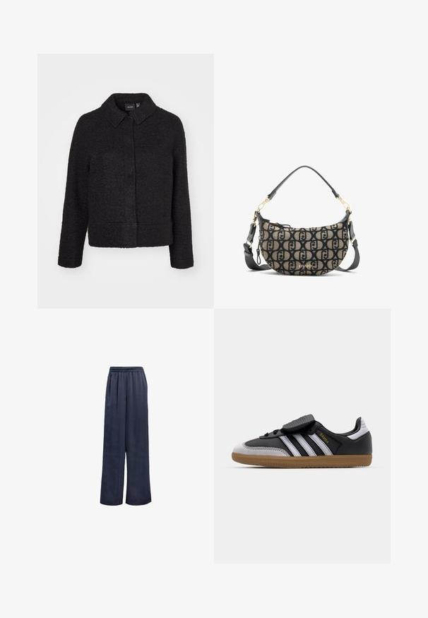 Juoda vilnos mišinio striukė su tekstūruotu paviršiumi, apykakle, priekiu užsegama ir šoniniais kišenėmis. Turi kvadratinius siluetus ir ilgomis rankovėmis.; Baltas medvilnės nusmukęs marškinėliai su paprastu dizainu, apvaliu iškirpimu ir juodu "HUGO" logotipu centre. Slydus tekstūros jausmas.; Kariniai plačiakraščiai džinsai, pagaminti iš lygaus audinio, su elastinga juosmens juosta ir be matomų elementų. Jie pasižymi laisvu siluetu ir pilno ilgio dizainu.; Juodos odinės ir pilkos zomšinės sportbačiai su baltais dryžiais, guminiu padu, raištelių užsegimu ir Velcro dirželiu. Su "Samba" prekės ženklu auksinės spalvos.; Ruda ir juoda kanvo žolės rankinė, pusmėnulio formos, su pasikartojančiu logotipu, auksinėmis detalėmis ir nuimama dirželiu.