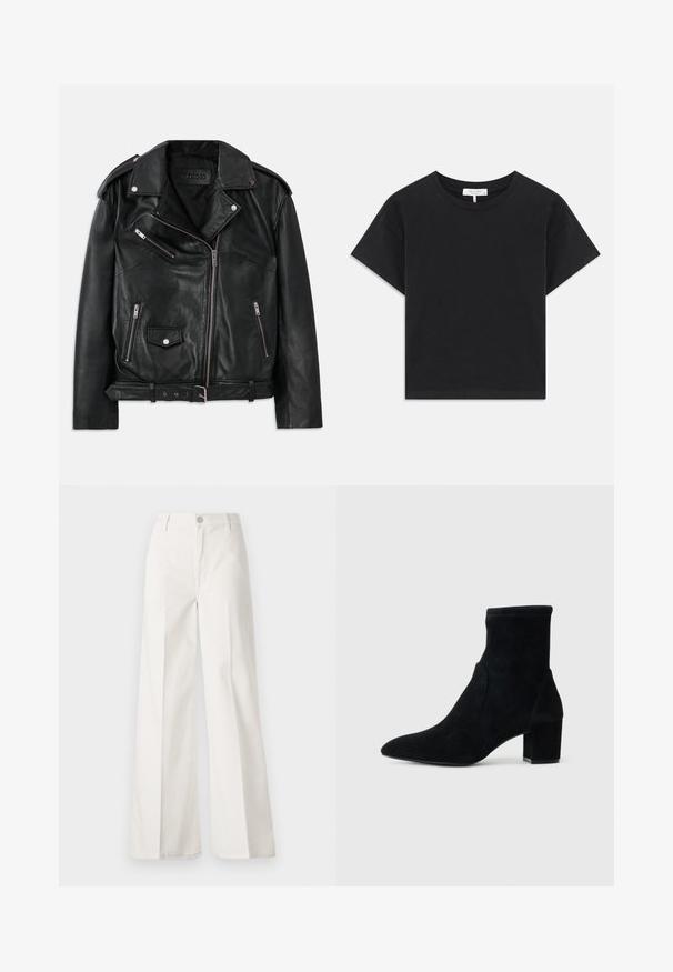 Juodas odinis motociklininko švarkas su asimetriniu priekiniu užtrauktuku, užtrauktukais ir mygtukais uždaromomis kišenėmis, petiniais uždangalais ir reguliuojamu dirželiu juosmens srityje.; Juodas trumpas medvilninis marškinėliai su apvaliu iškirpimu, trumpomis rankovėmis ir paprastu dizainu be raštų ar puošmenų.; Balti platūs baltos spalvos keliai, pagaminti iš medvilnės su lygiu paviršiumi. Yra priekinis mygtukas, užtrauktukas ir keturi kišenės.; Juodas zomšinis kulkšninis botas su smailiu nosiu, vidutinio aukščio blokiniu kulnu ir elastinga viršutine dalimi. Sklandus paviršius be matomų detalių ar akcentų.