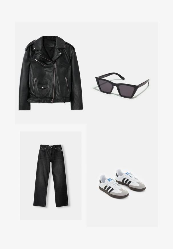 Zwarte leren motorjack met asymmetrische voorkant met rits, rits- en drukknoopzakken, schouderepauletten en een verstelbare riem met gespsluiting in de taille.; Zwarte lange mouwen top met een hoge kraag, geplooide zijkanten en een gladde textuur. Eenvoudig ontwerp zonder zichtbare patronen of hardware.; Bershka Straight leg jeans - mottled dark grey; Sportschoenen met een witte leren bovenkant, grijze suède neus en drie zwarte strepen. Bevat een blauw logo op de tong en een gestructureerde rubberen zool.; Zwarte, hoekige zonnebril met grijze lenzen; gemaakt van plastic, met dikke armen met een gladde oppervlakte en zonder zichtbare hardware.