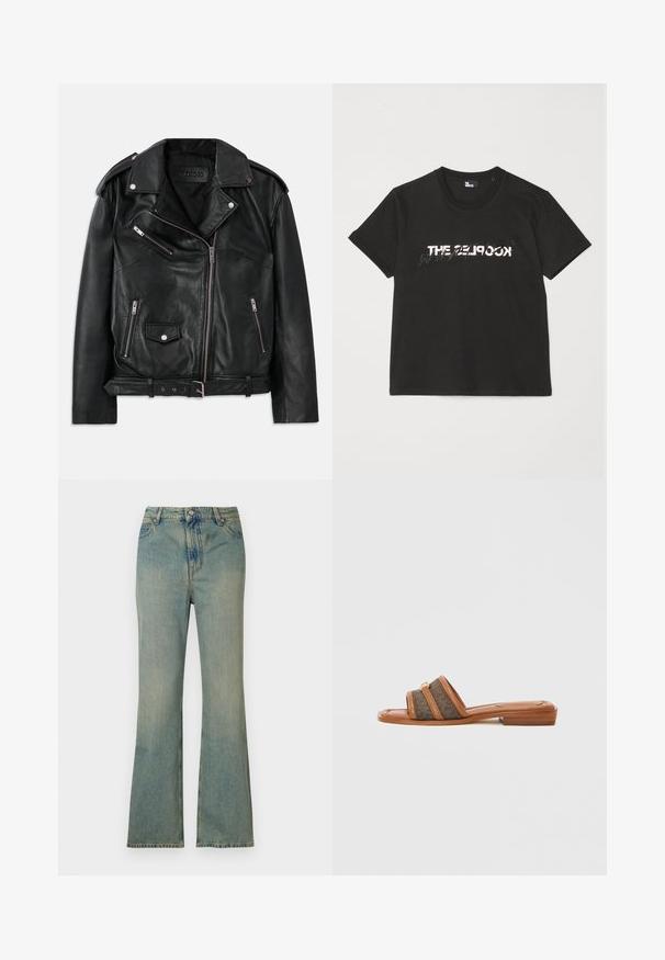 Fekete bőr motoros dzseki aszimmetrikus elülső cipzárral, cipzáras és patentos zsebekkel, vállpántokkal és deréknál állítható csattal.; Fekete pamut póló rövid ujjakkal, elöl fehér és szürke "THE 2LOOK" felirattal. Klasszikus kerek nyakkivágás.; Világoskék farmer széles szárú nadrág magas derékkal, öt zsebbel és cipzáras záródással. Tiszta, fakó megjelenés, finom varrási részletekkel.; Barna papucs két széles, sötét mintás szövetszíjjal, lapos sarokkal és aranyszínű fém részlettel.