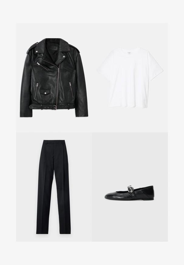 Fekete bőr motoros dzseki aszimmetrikus elülső cipzárral, cipzáras és patentos zsebekkel, vállpántokkal és deréknál állítható csattal.; Fehér pamut póló rövid ujjal, kerek nyakkivágással, laza fazonnal és varrott szegéllyel. Címke látható a belső nyakrészén.; Fekete nadrág sima anyagból, magas derékkal, széles lábakkal, elülső redőkkel és klasszikus övhurkokkal. Oldalzsebek nem láthatók.; Fekete bőr balettcipők, hegyes orral, kör alakú fémbújtatóval ellátott pánttal és lapos talppal.