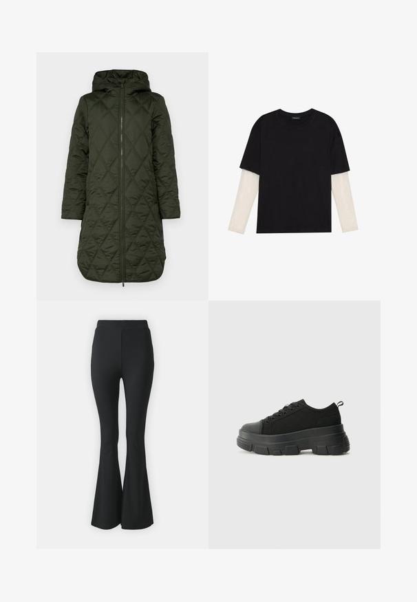 Tamsiai žalia paminkštinta striukė su gobtuvu, pasižyminti rombų siuvinėjimu, ilgomis rankovėmis ir priekiniais užtrauktukais.; Juodas medvilninis marškinėliai su trumpomis rankovėmis, virš baltos ilgo rankovio sluoksnio, turinčio subtilų tekstūrinį raštą. Apvalus iškirpimas.; Juoda platės kelnės, pagamintos iš tamprios medžiagos. Turi aukštą juosmenį ir glotnią, prisitaikančią struktūrą, kuri išsiplėtė nuo kelio žemyn.; Juodos sportinės bateliai su stambiu guminiais padu, tekstūrizuotu audinio viršumi, apvaliu pirštu ir raištelių uždarymu. Yra sutvirtinti akių angos ir nugaros kilputė.