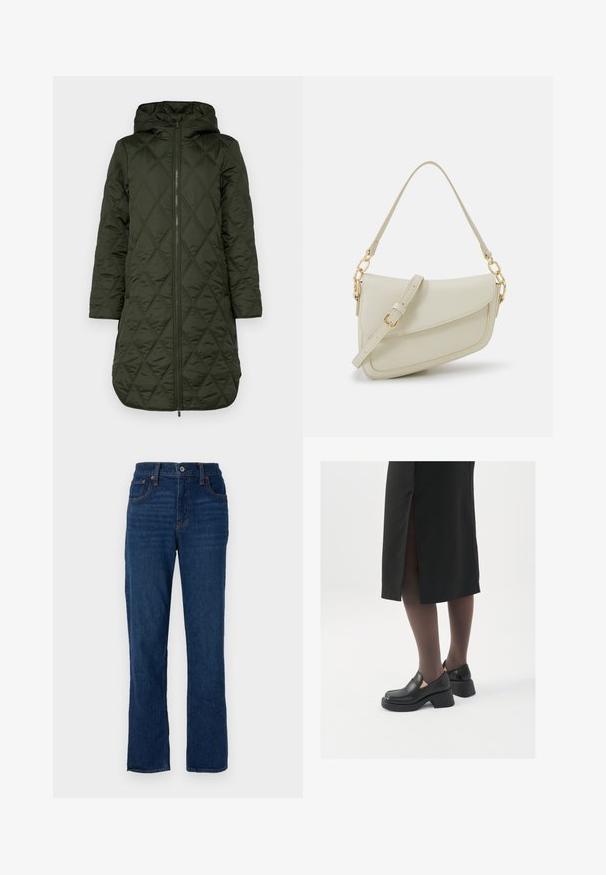 Pohodlný plněný kabát s kapucí v tmavě zelené barvě, s diamantovým prošíváním, dlouhými rukávy a předním zipem.; Bílý bezrukávový top vyrobený z ribbed látky, s kulatým výstřihem a přiléhavým střihem, s minimem švů a bez ozdob.; Tmavě modré džíny rovného střihu s pěti kapsami, oranžovým prošíváním a knoflíkovým zapínáním na pase.; Černé kožené boty s kulatou špičkou, silným blokovým podpatkem a elastickými bočními akcenty, spárované s tmavými punčochami a černou sukní se rozparkem.; Malá krémová kabelka s texturovaným povrchem, dlouhým nastavitelným popruhem, řetízkovým akcentem a klopou. Ozdobné detaily zlaté barvy.