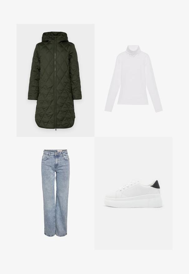 Padded hooded coat in dark green, featuring a diamond quilted pattern, long sleeves, and a front zipper closure. pełnoformatowy obraz.; Biała bluzka z długim rękawem i golfem, wykonana z gładkiego, elastycznego materiału. Posiada wysoki kołnierz i dopasowany krój, bez widocznych wzorów czy zdobień.; Jasnoniebieskie dżinsy z szerokimi nogawkami, wykonane z denimu, z wysokim stanem, pięciowgzianą konstrukcją i subtelnym wyblaknięciem, dającym wrażenie noszonych.; Białe sneakersy na platformie wykonane z gładkiego materiału syntetycznego, z zaokrąglonym noskiem, sznurowanym zapięciem i teksturowaną gumową podeszwą. Czarne akcenty na pięcie.