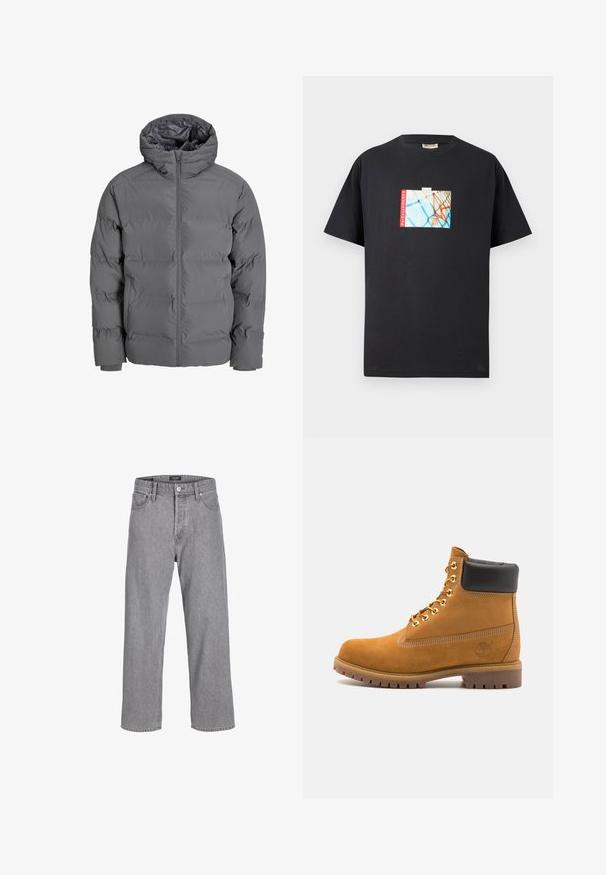 Doudoune grise avec fermeture éclair à l'avant et capuche. Présente un design matelassé avec un extérieur lisse et des poignets élastiques. Légère et isolante.; T-shirt noir en coton avec un imprimé graphique d'un panier de basketball sur fond bleu, accentué par le texte rouge "parkwayCOURTS".; Pantalon en denim gris avec une coupe décontractée et ample. Il présente un design traditionnel à cinq poches et une fermeture à bouton à la taille.; Bottine en daim beige avec un col rembourré noir, œillets en métal doré, détails de surpiqûres blanches et semelle en caoutchouc robuste avec des crampons prononcés.