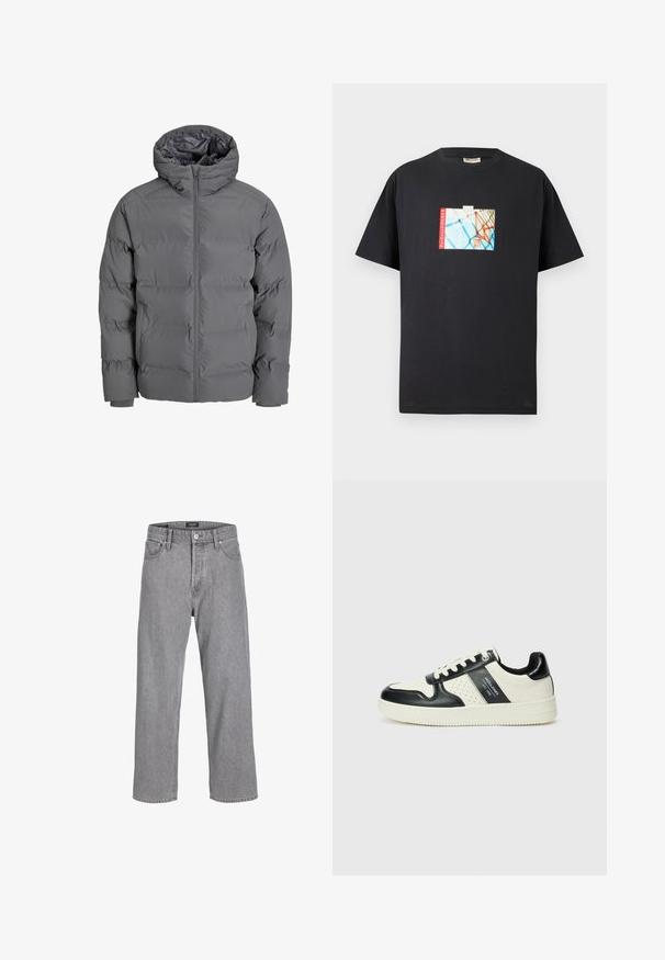 Doudoune grise avec fermeture éclair à l'avant et capuche. Présente un design matelassé avec un extérieur lisse et des poignets élastiques. Légère et isolante.; T-shirt noir en coton avec un imprimé graphique d'un panier de basketball sur fond bleu, accentué par le texte rouge "parkwayCOURTS".; Pantalon en denim gris avec une coupe décontractée et ample. Il présente un design traditionnel à cinq poches et une fermeture à bouton à la taille.; Baskets en cuir avec un schéma de couleurs noir et crème, dotées d'accents perforés, d'un col rembourré et d'une semelle texturée.