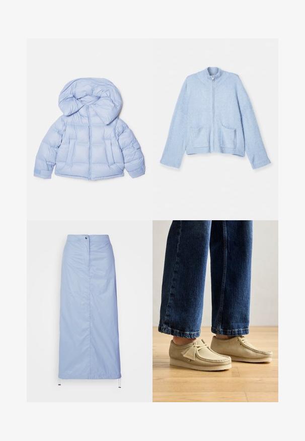 Giacca puffer azzurro chiaro con un ampio cappuccio, chiusura con zip e design trapuntato. Presenta due tasche anteriori e polsini elasticizzati per una vestibilità aderente.; Cardigan zip-up di un blu chiaro, morbido misto lana, colletto alto, polsini a costine, due tasche frontali, vestibilità rilassata e una texture liscia.; Camicia bianca a maniche lunghe con colletto in cotone. Caratterizzata da una chiusura con bottoni e una tasca sul petto singola. Tessuto liscio, vestibilità comoda.; Gonna blu chiaro, di lunghezza media, realizzata in materiale liscio e leggero con taglio dritto, dotata di chiusura con bottoni frontali e orlo con cordoncino.; Scarpe in suede beige con punte arrotondate e profilo basso. Presentano un design con lacci e dettagli cuciti. Indossate con jeans blu a vita alta e taglio corto.