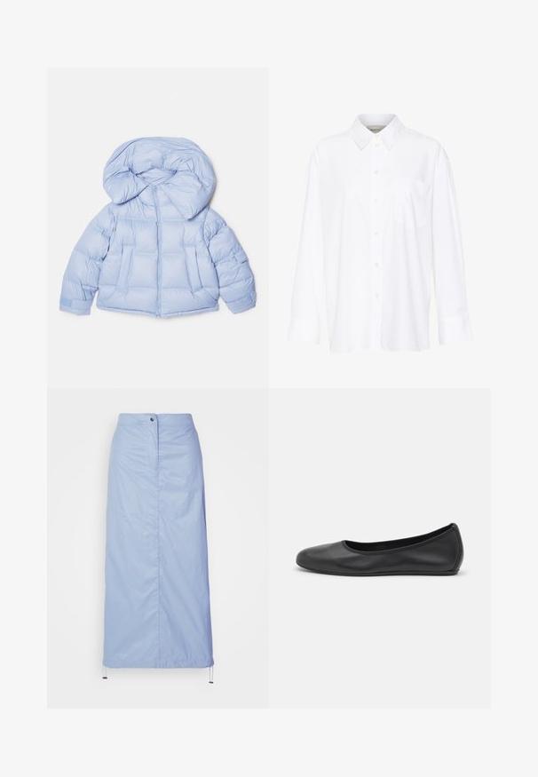 Light blue puffer jacket with a large hood, zip closure, and quilted design. Features two front pockets and elastic cuffs for a snug fit.; White long-sleeve collared shirt made of cotton. Features a button-down front and a single chest pocket. Smooth texture, relaxed fit.; Light blue, mid-length skirt made of smooth, lightweight material with a straight cut, features a front button closure and drawstring hem.; Black leather ballet flat with a rounded toe, smooth texture, minimal stitching detail, and a flexible sole design.